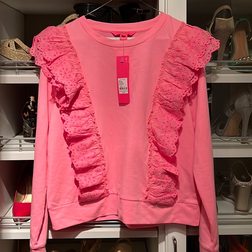 Lilly Pulitzer, Deva rufflesweatshirt, pink Shandy new with tag size small